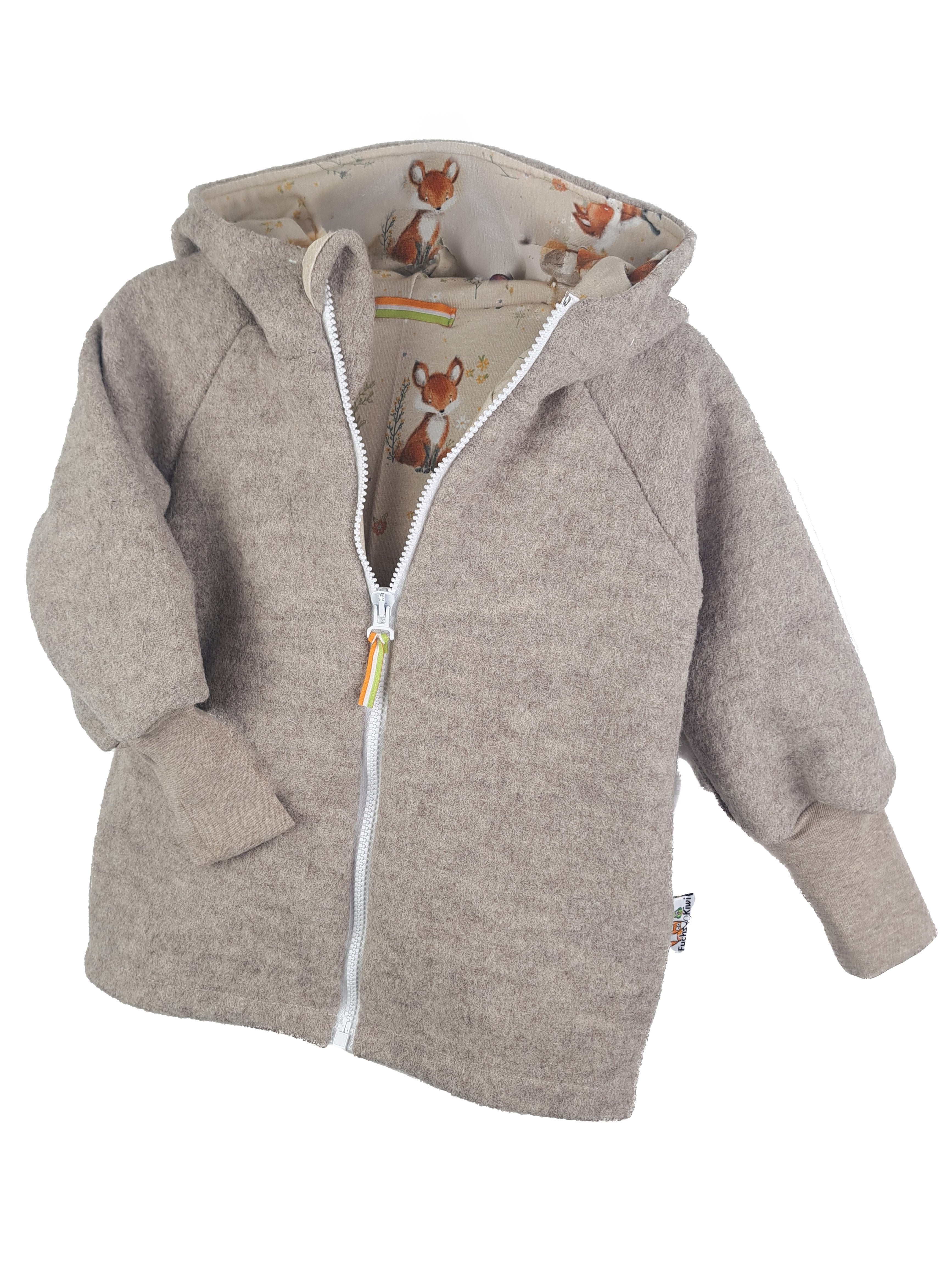 Walkjacke aus Merino Wollfleece sand meliert mit Fuchsi creme