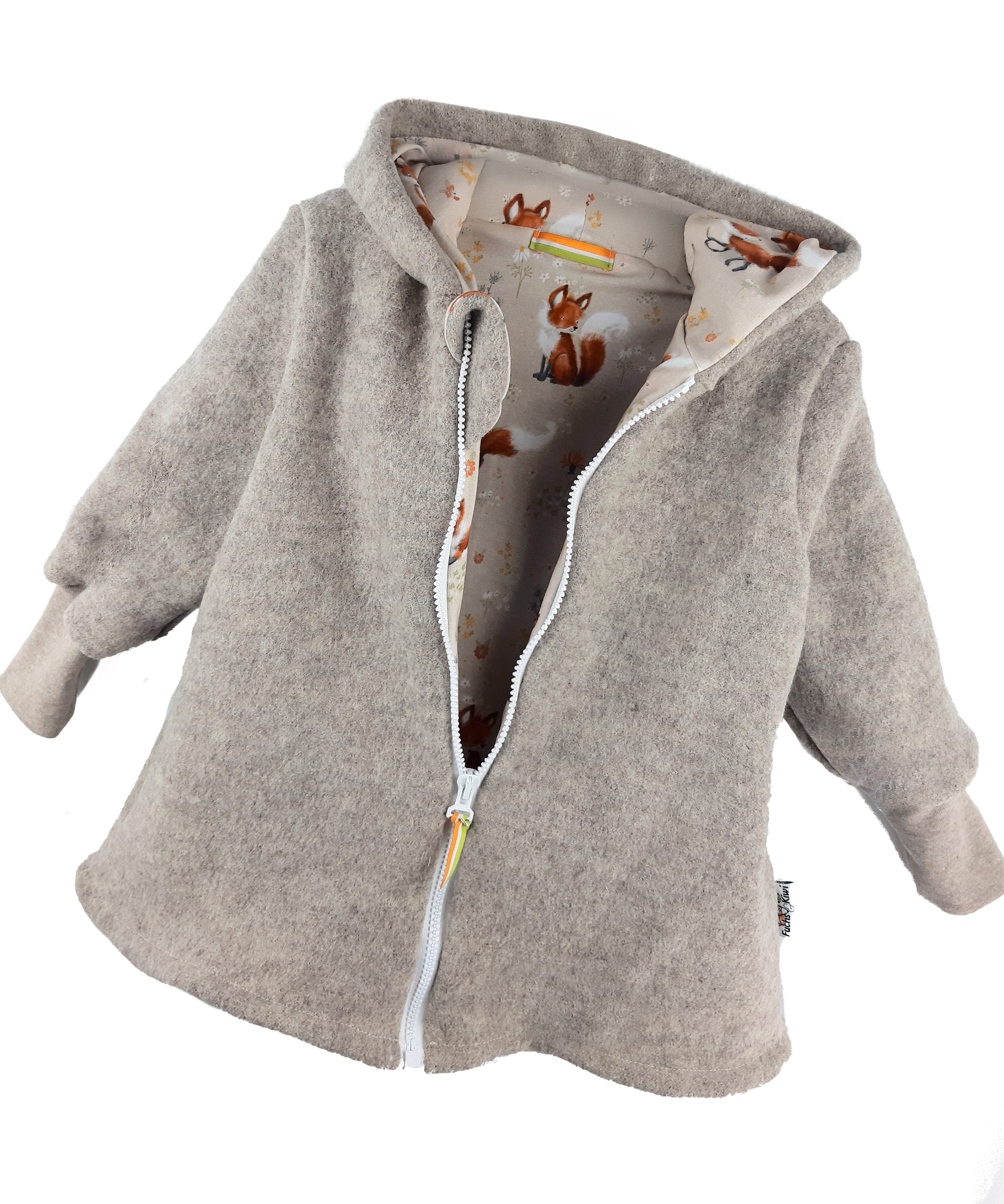 Boiled wool coat made of Merino wool fleece, sand mottled with fuchsia cream