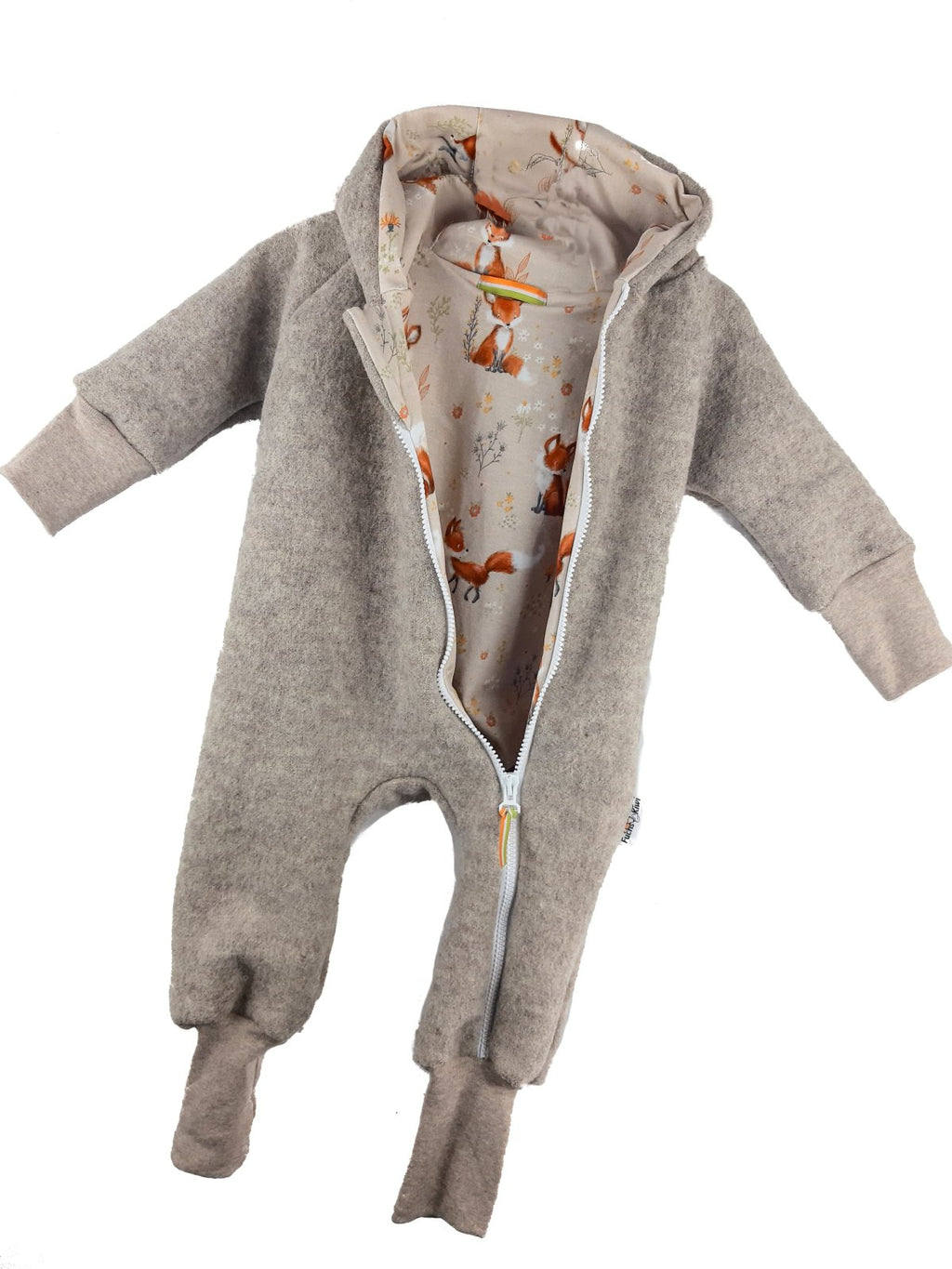 Walkoverall aus Merino Wollfleece sand meliert mit Fuchsi creme