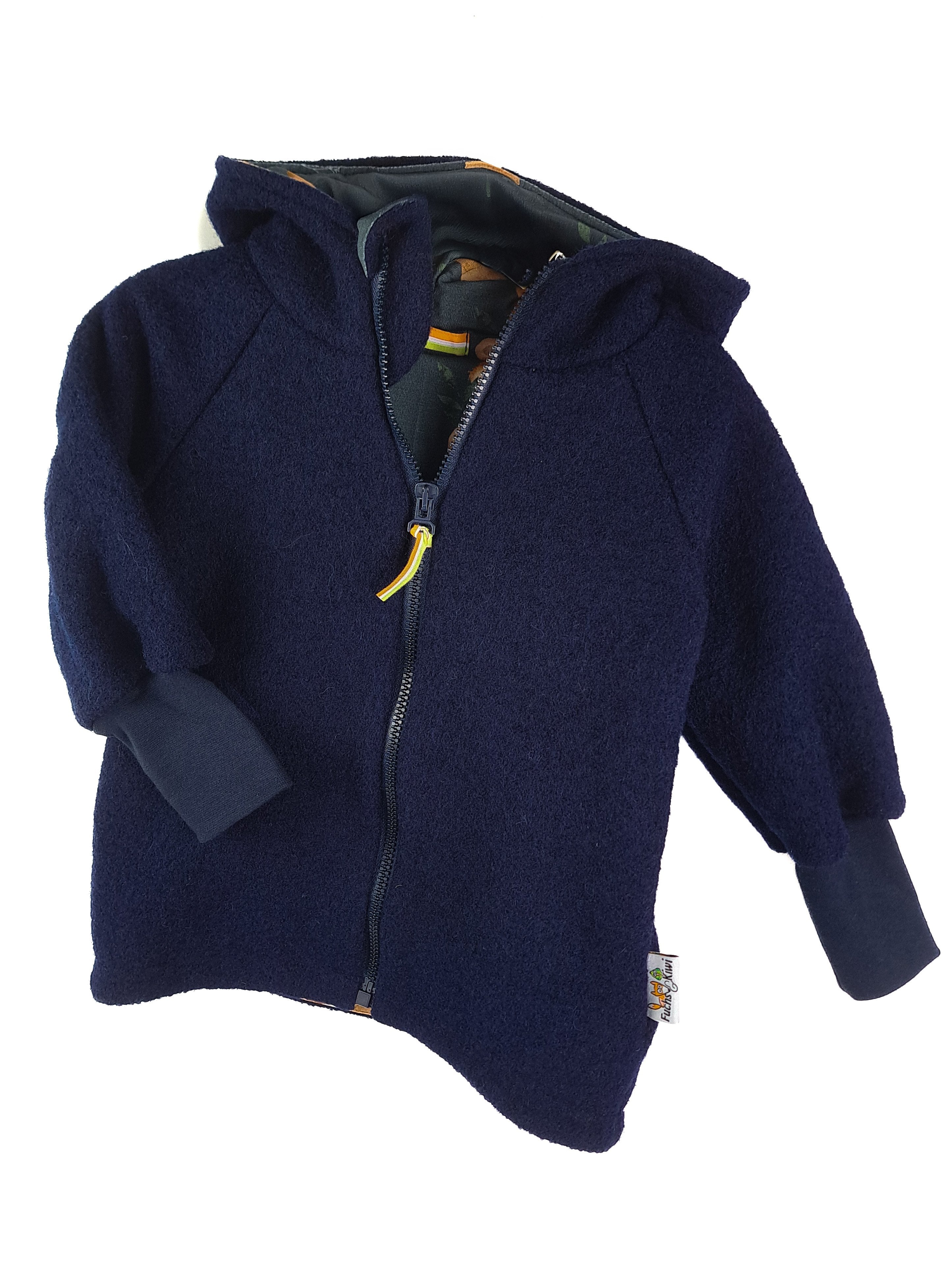 Merino wool fleece jacket in blue with a teddy bear