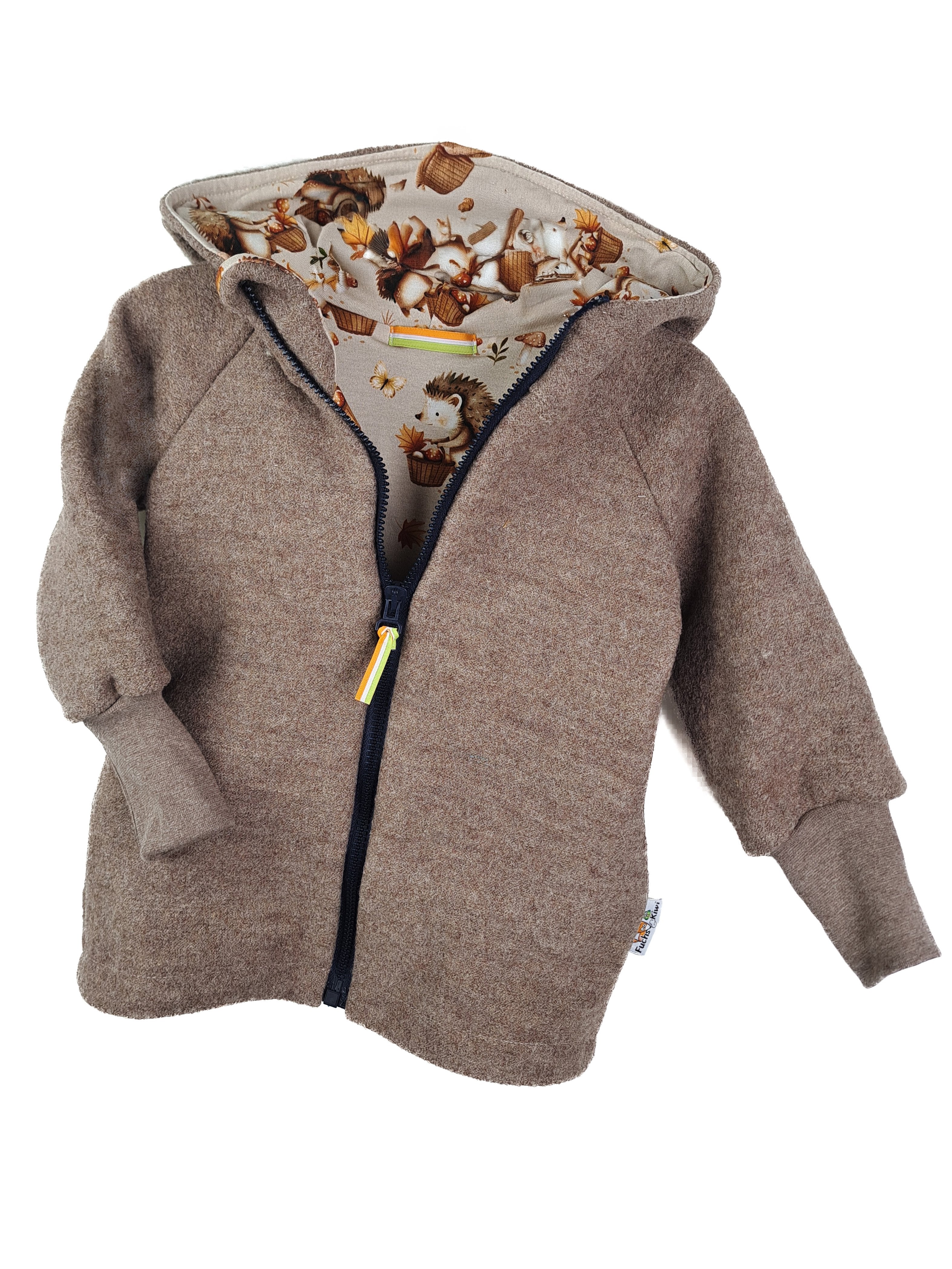Brown melange merino wool fleece jacket with hedgehog