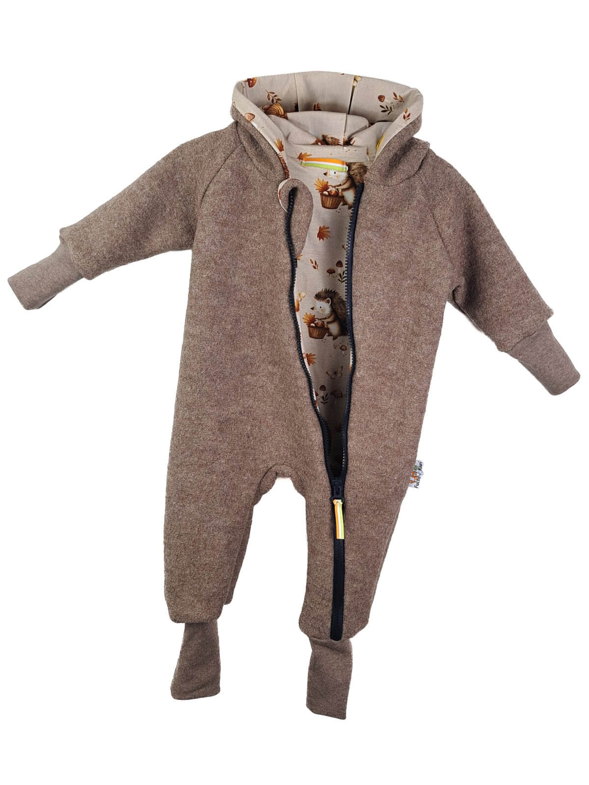 Walkoverall aus Merino Wollfleece braun meliert mit Stacheldieb