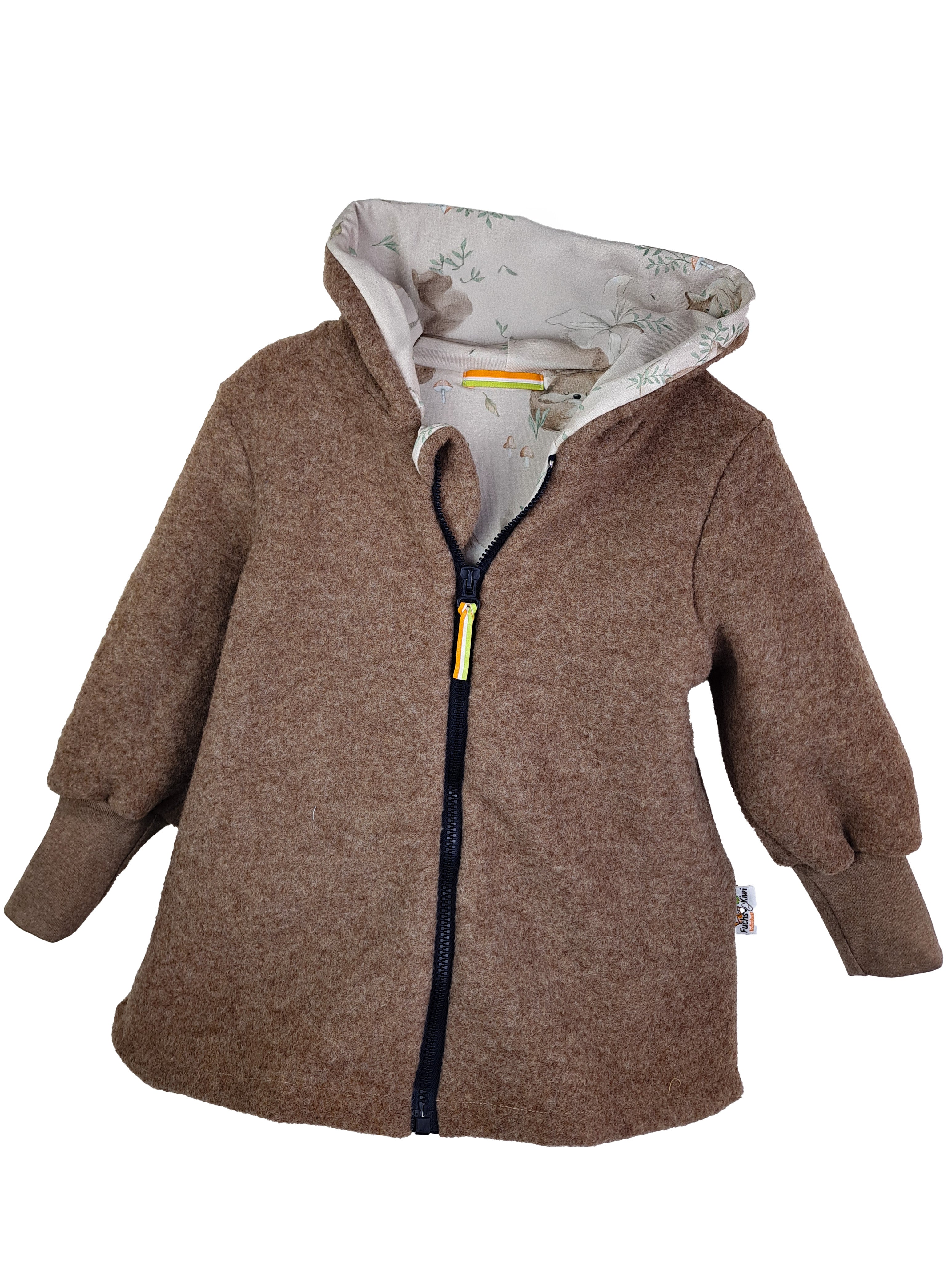 Walkmantel Merino Wollfleece braun meliert mit Waldfüchse 98/104