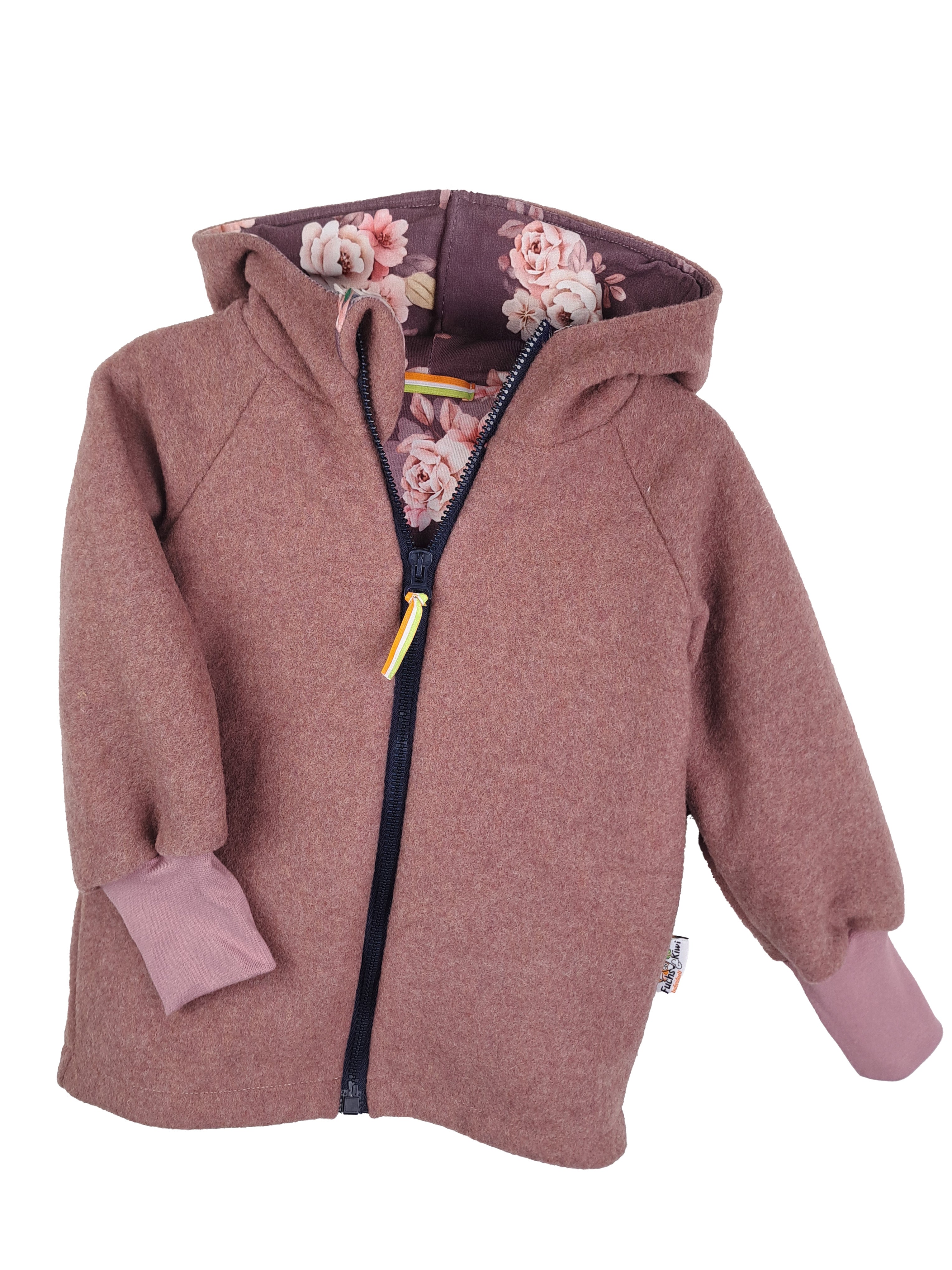 Walkjacke Merino Wollfleece altrosa mit Lovely Flowers 122/128