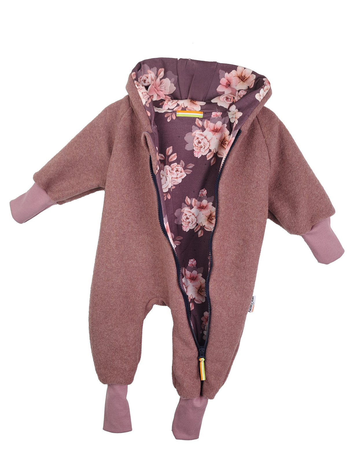 Boiled wool coat made of Merino wool fleece, sand mottled with fuchsia cream