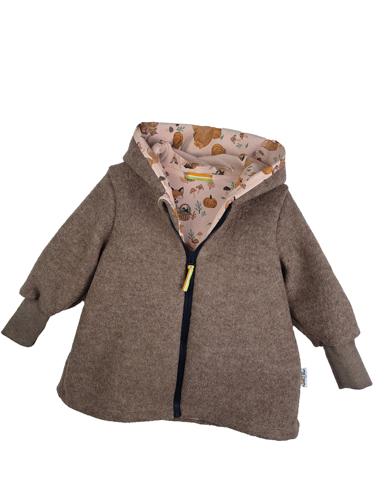 Brown mottled boiled wool coat with autumn love