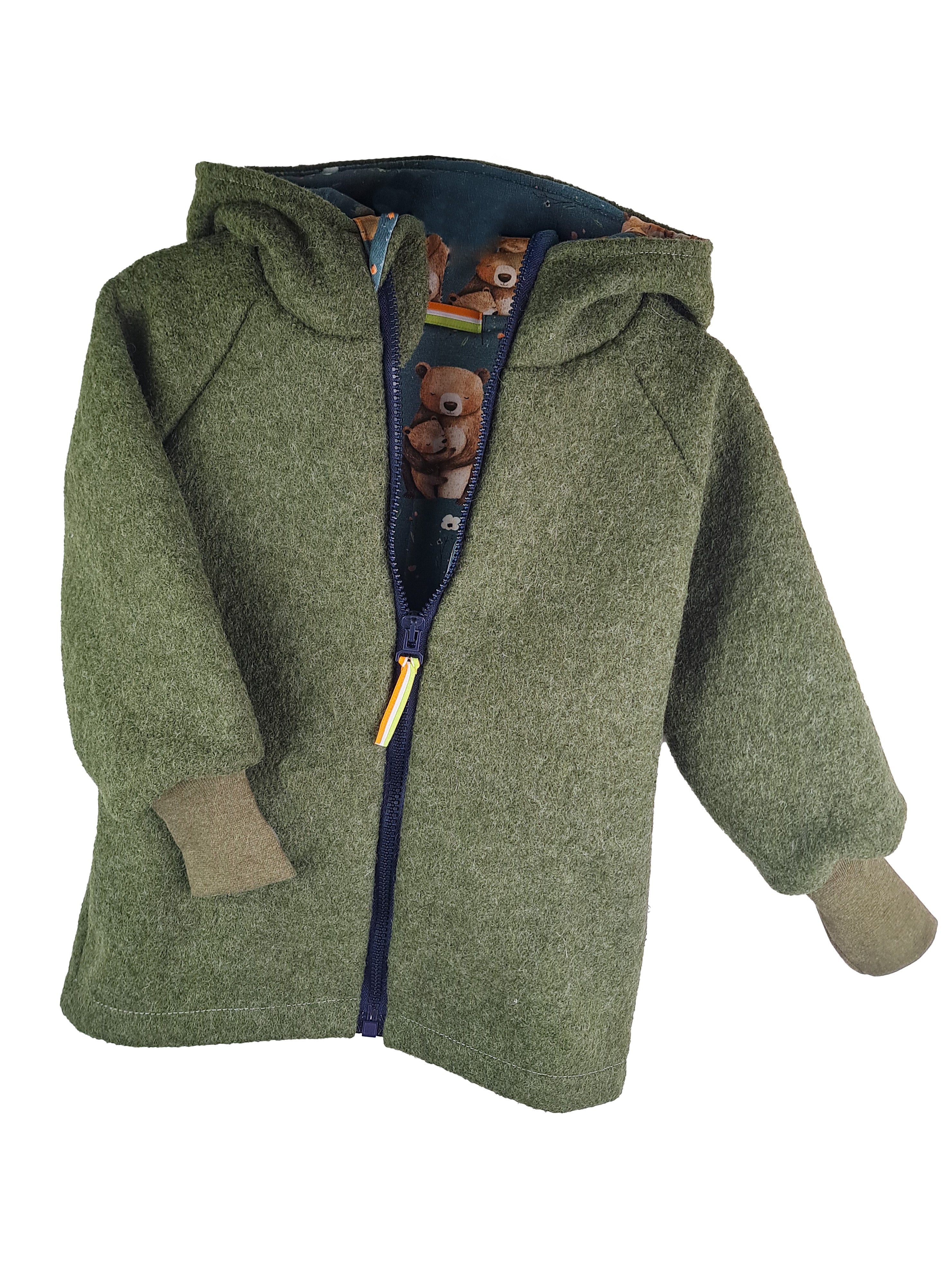 Walkjacke moosgrün meliert mit Bärenliebling