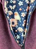 Walkjacke flieder meliert mit Vögelchen dunkelblau