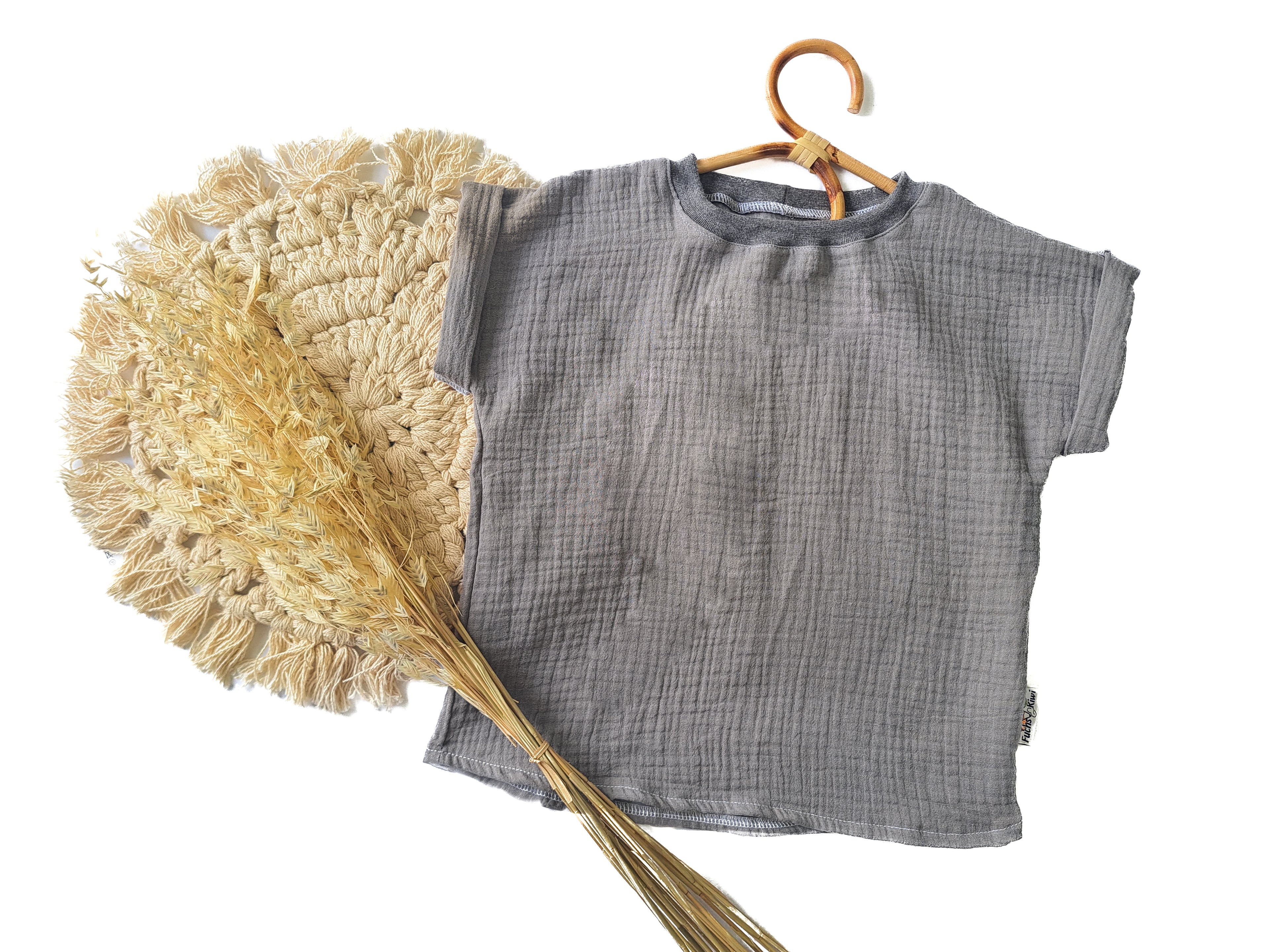 T-shirt with cuffed sleeves, muslin, grey