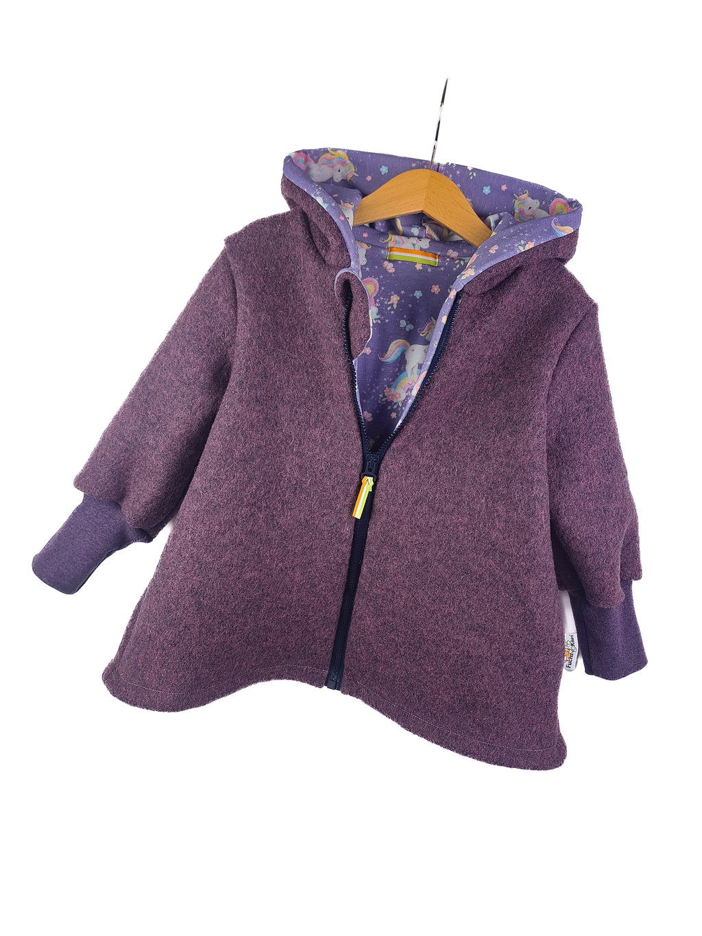 Mottled lilac felted coat with lilac unicorns