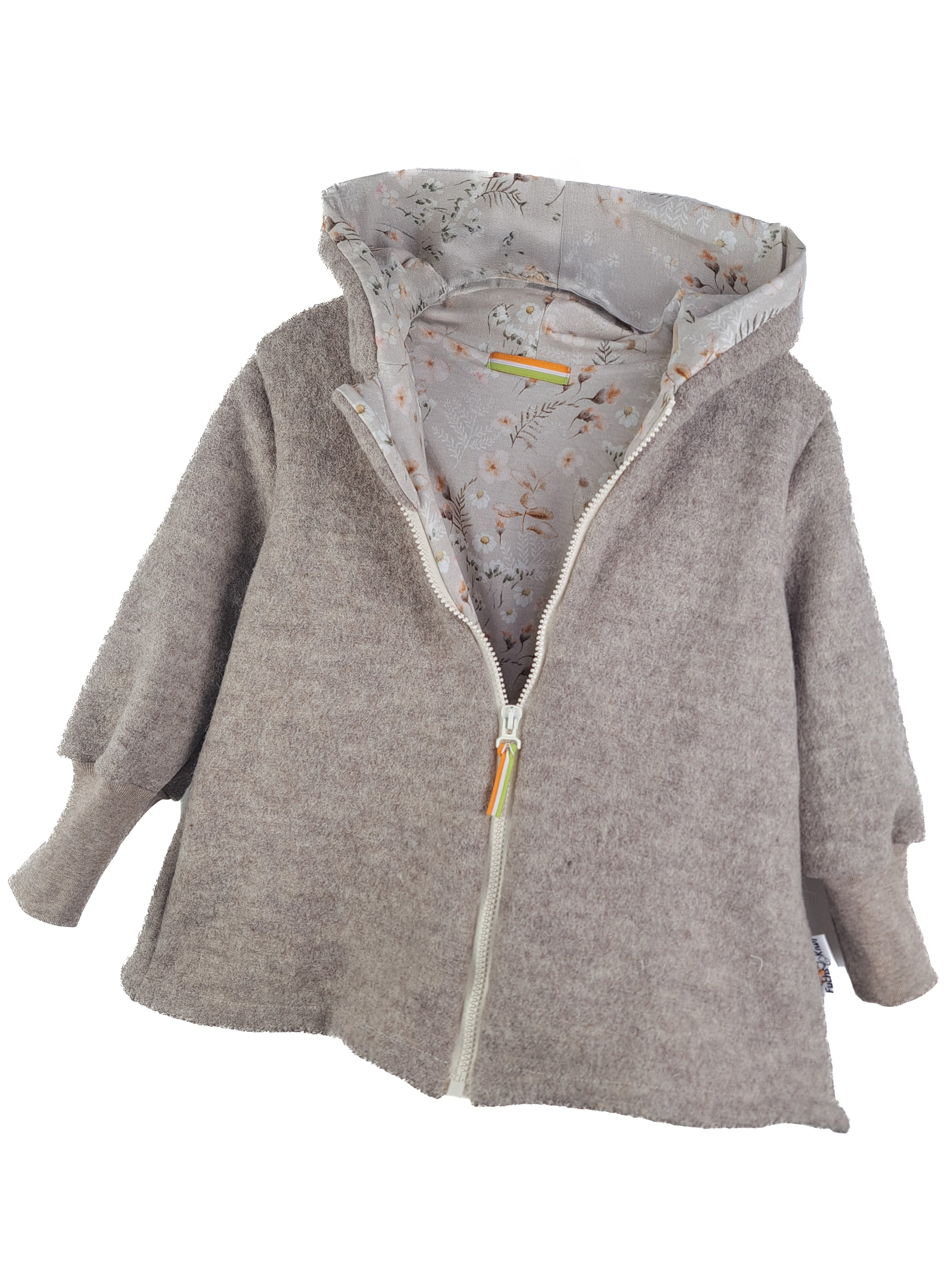 Walkmantel Merino Wollfleece sand meliert mit Blümchen sand 74/80
