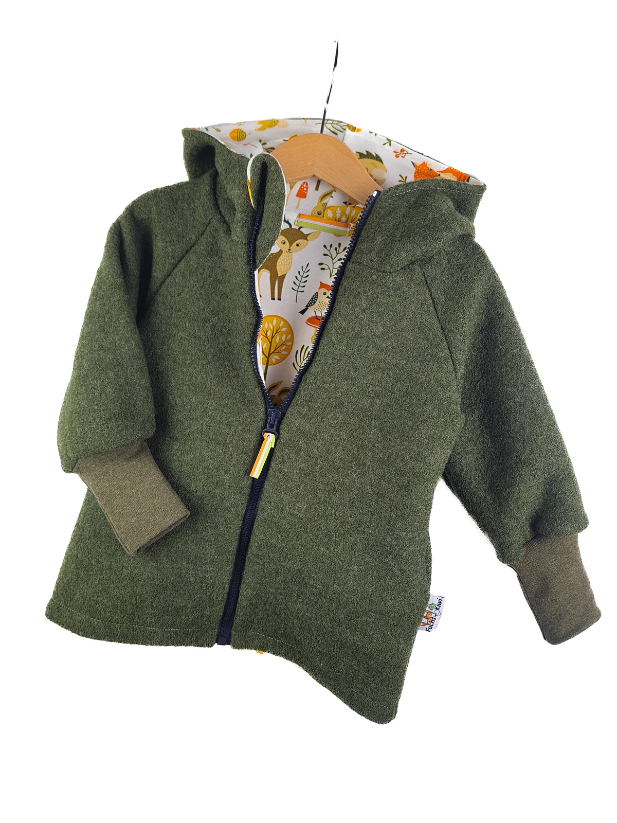 Walkjacke moosgrün meliert mit Waldtiere creme