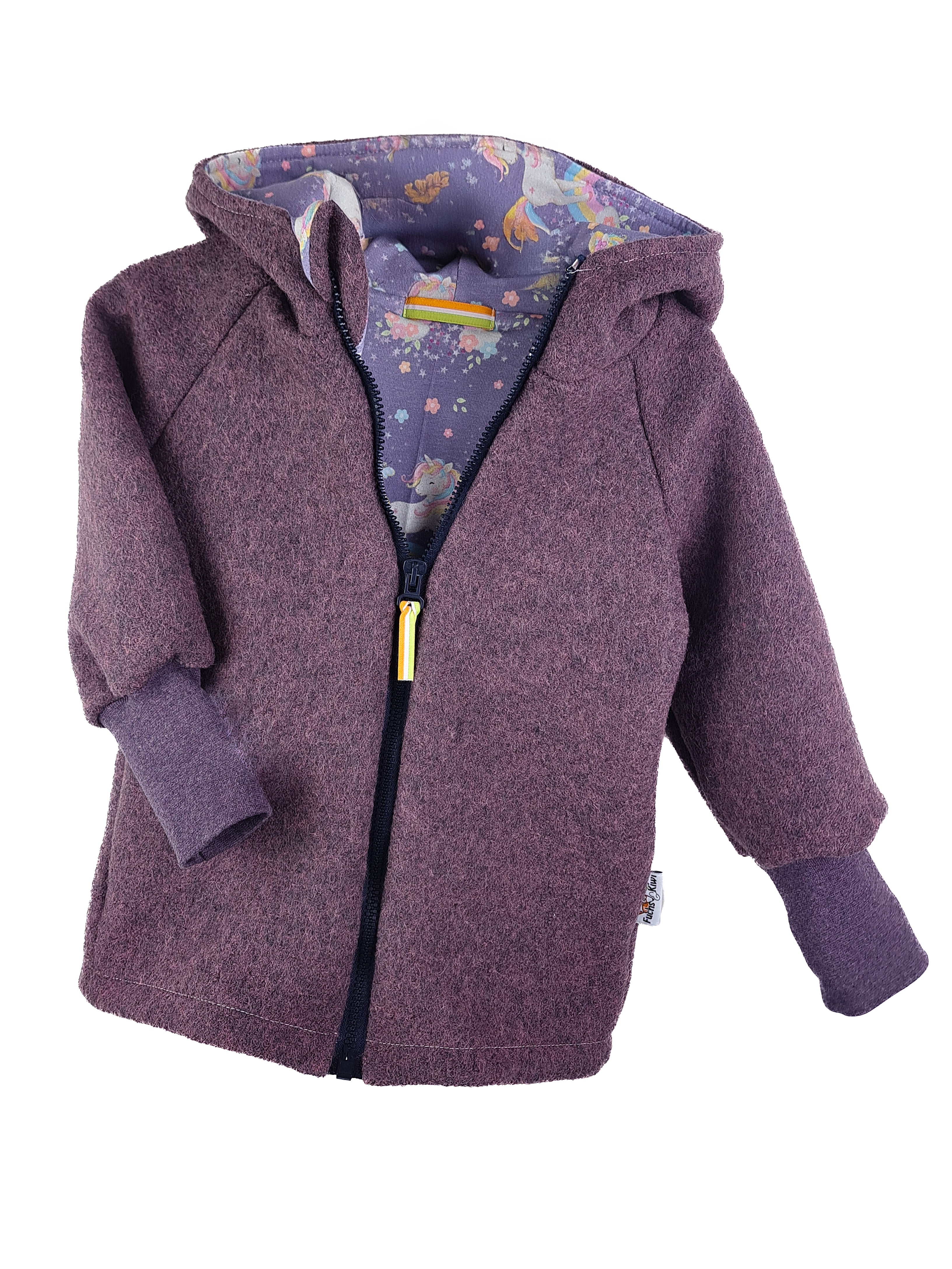Walkjacke aus Merino Wollfleece flieder meliert mit Einhörner flieder