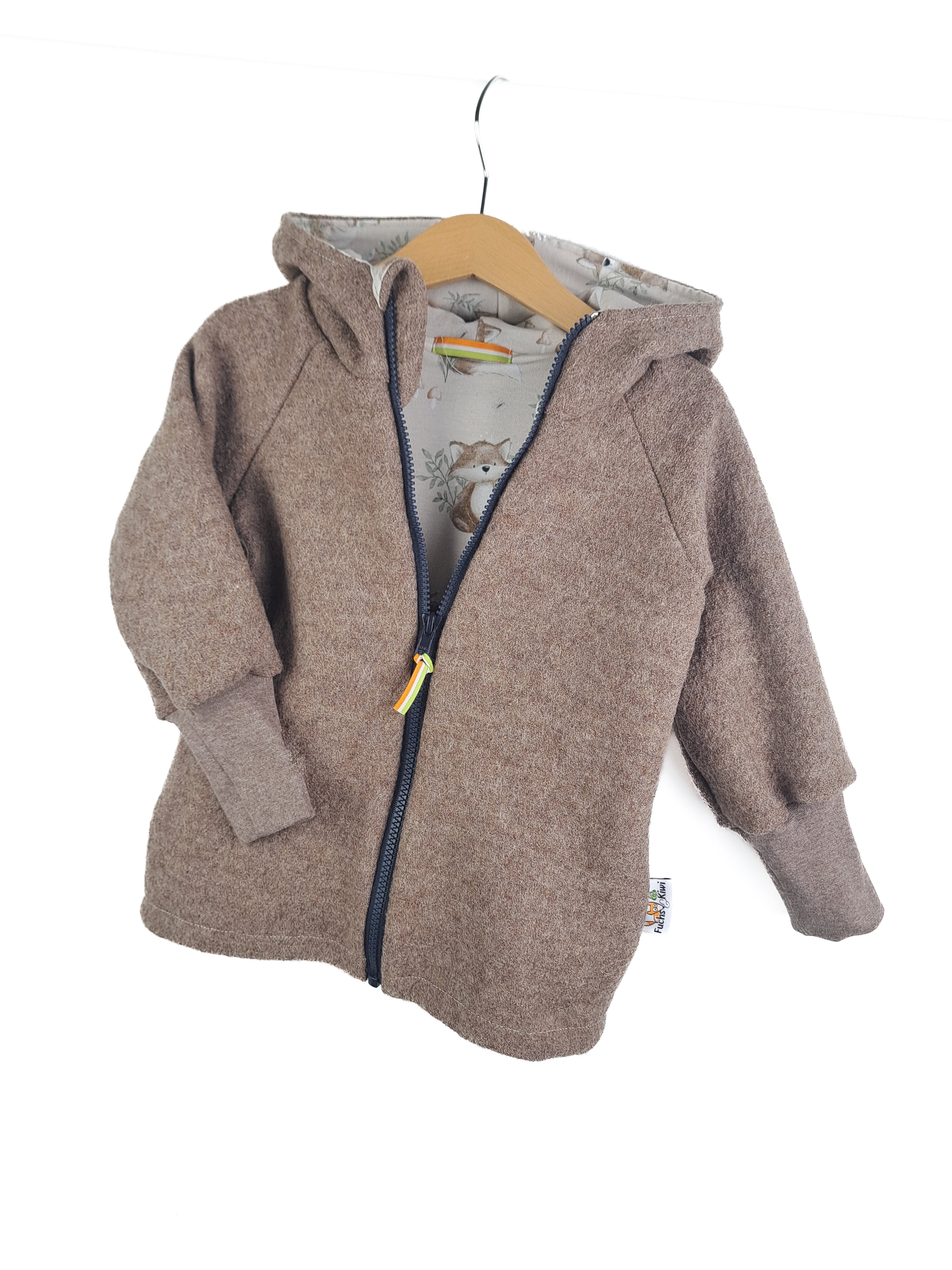 Walk jacket made of Merino wool, mottled brown with forest foxes