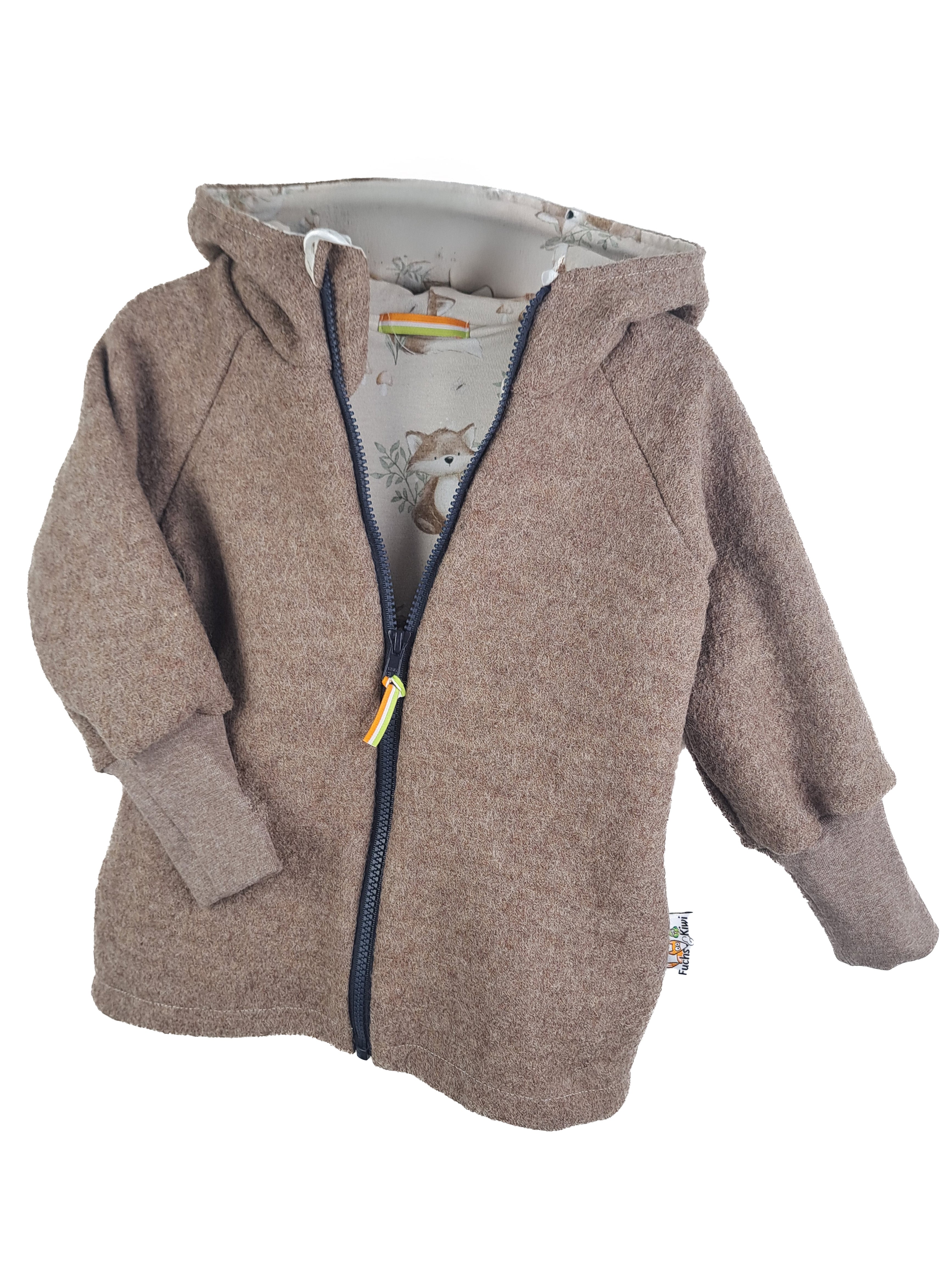 Walkjacke Merino Wollfleece braun meliert mit Waldfüchse 98/104