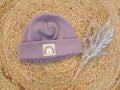 Hipster Beanie Feinripp mauve 46-48 Logo Regenbogen