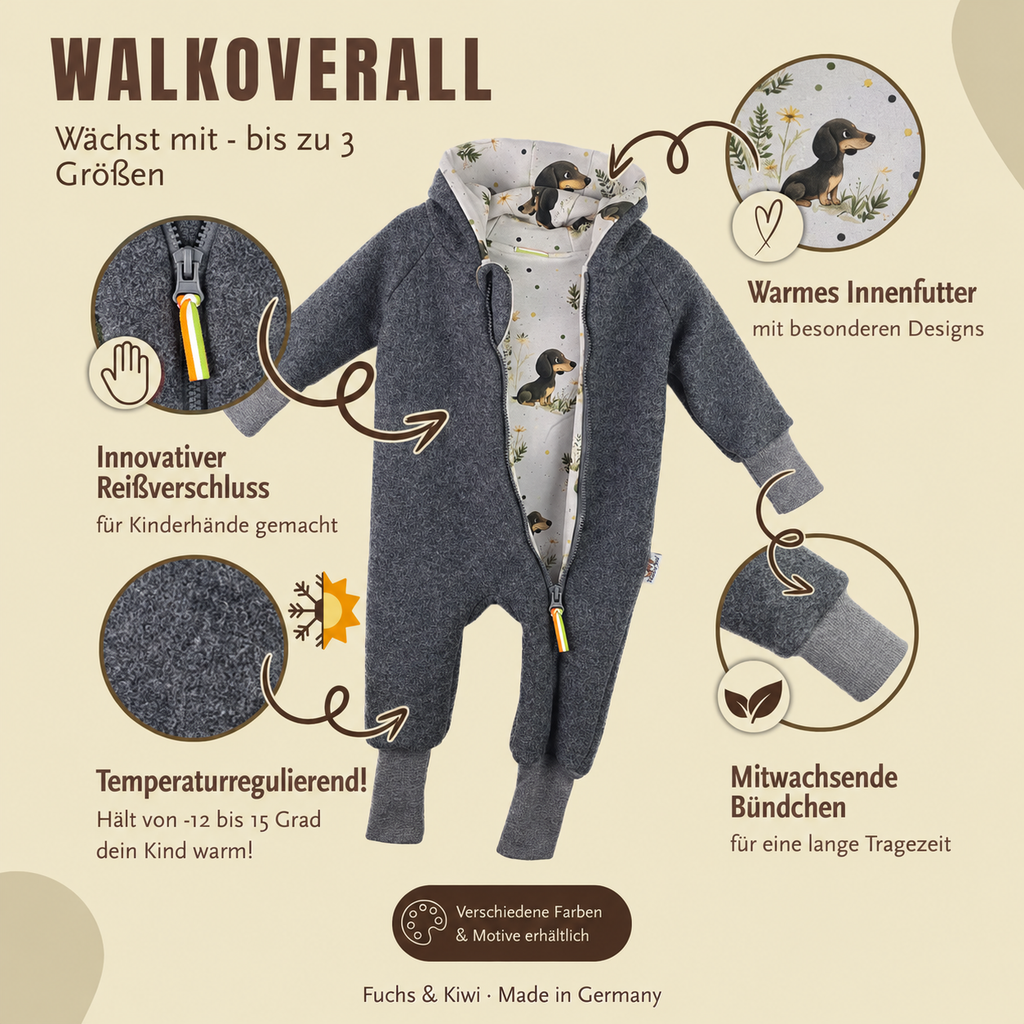 Walkoverall aus Merino Wollfleece grau mit Pinguinbaby