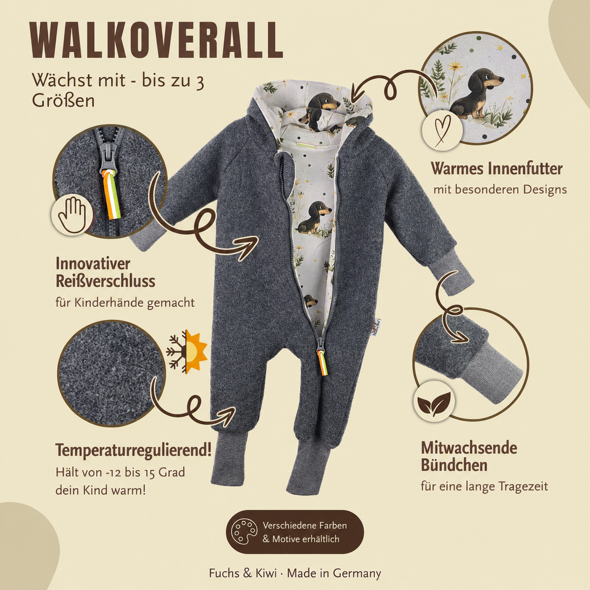 Walkoverall aus Merino Wollfleece grau mit Pinguinbaby