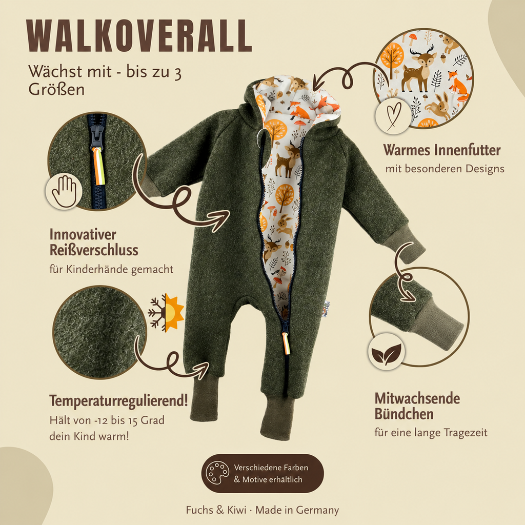 Walkoverall moosgrün meliert mit Waldtiere creme