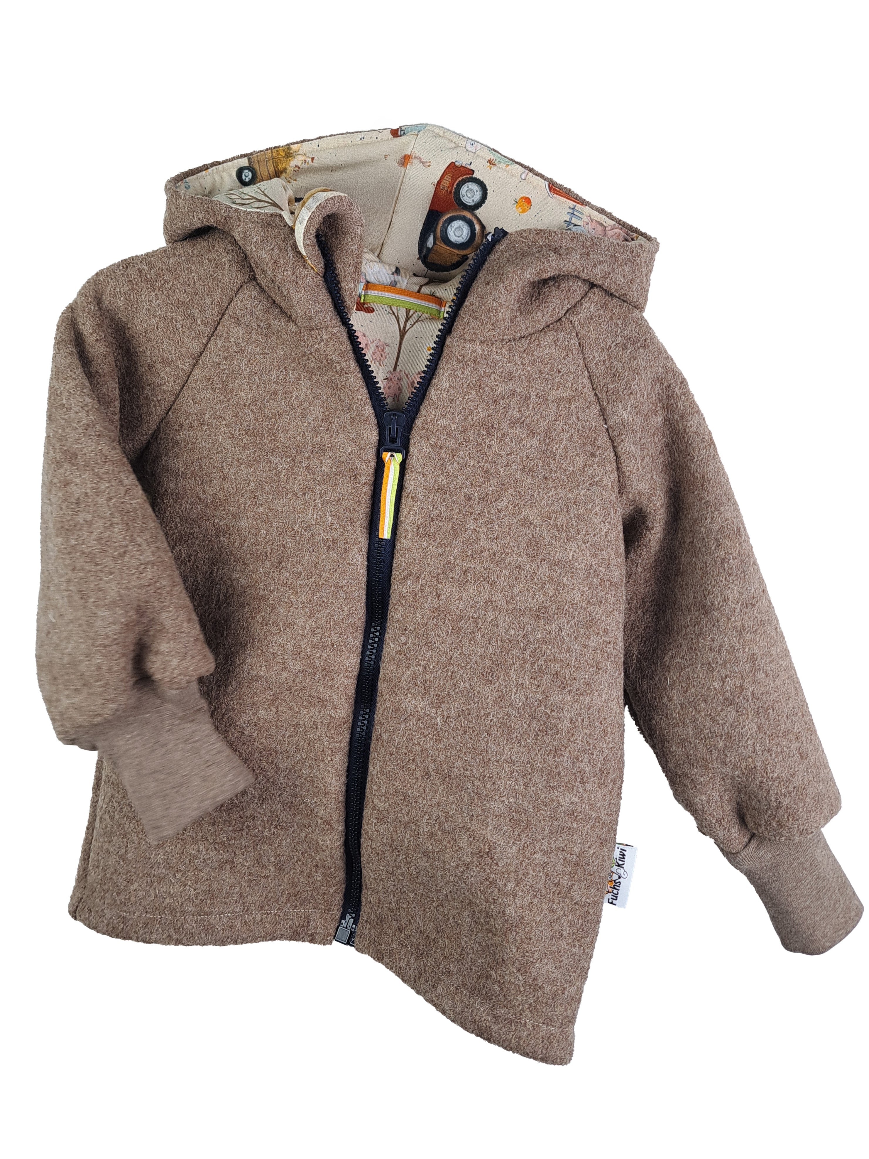 Brown mottled walking jacket with Our Little Farm