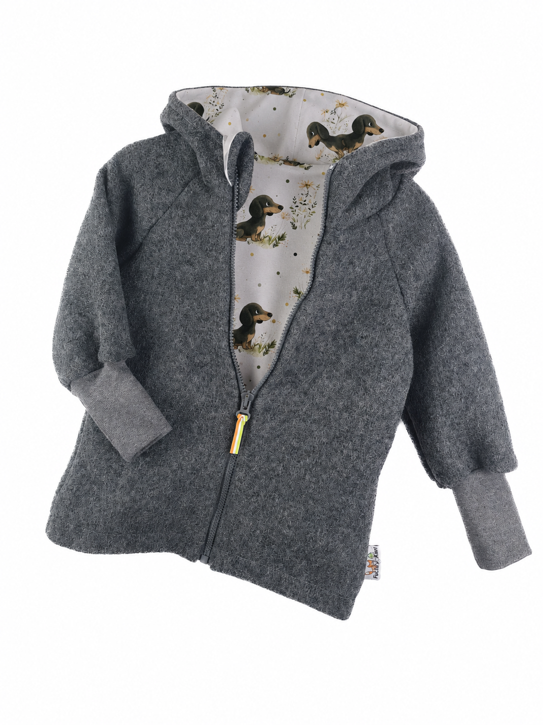 Walkjacke aus Merino Wollfleece grau mit Dackel