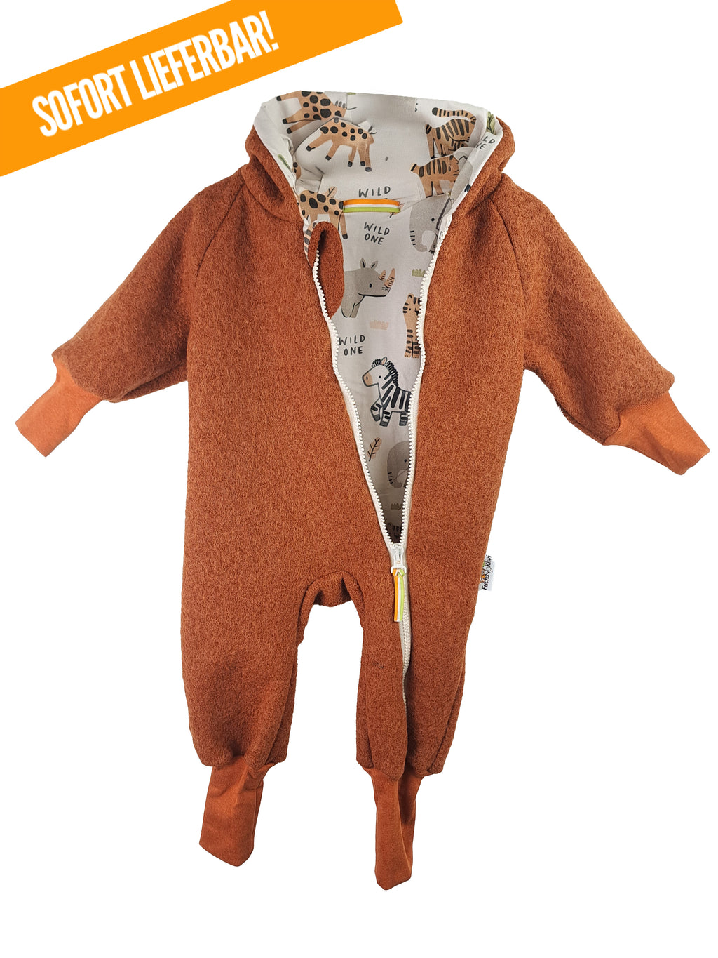Rust-colored romper with wildlife print