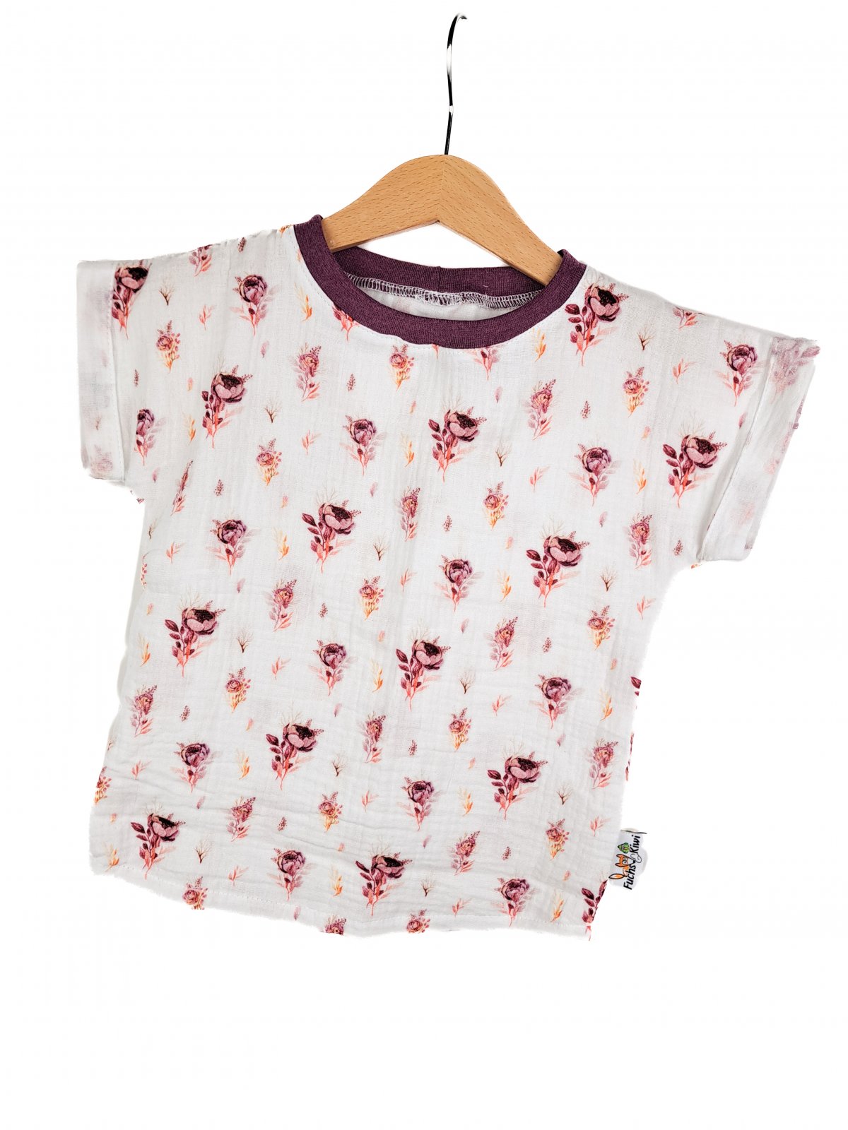 T-Shirt mit Umschlagarmen Musselin Rosen beere 110/116