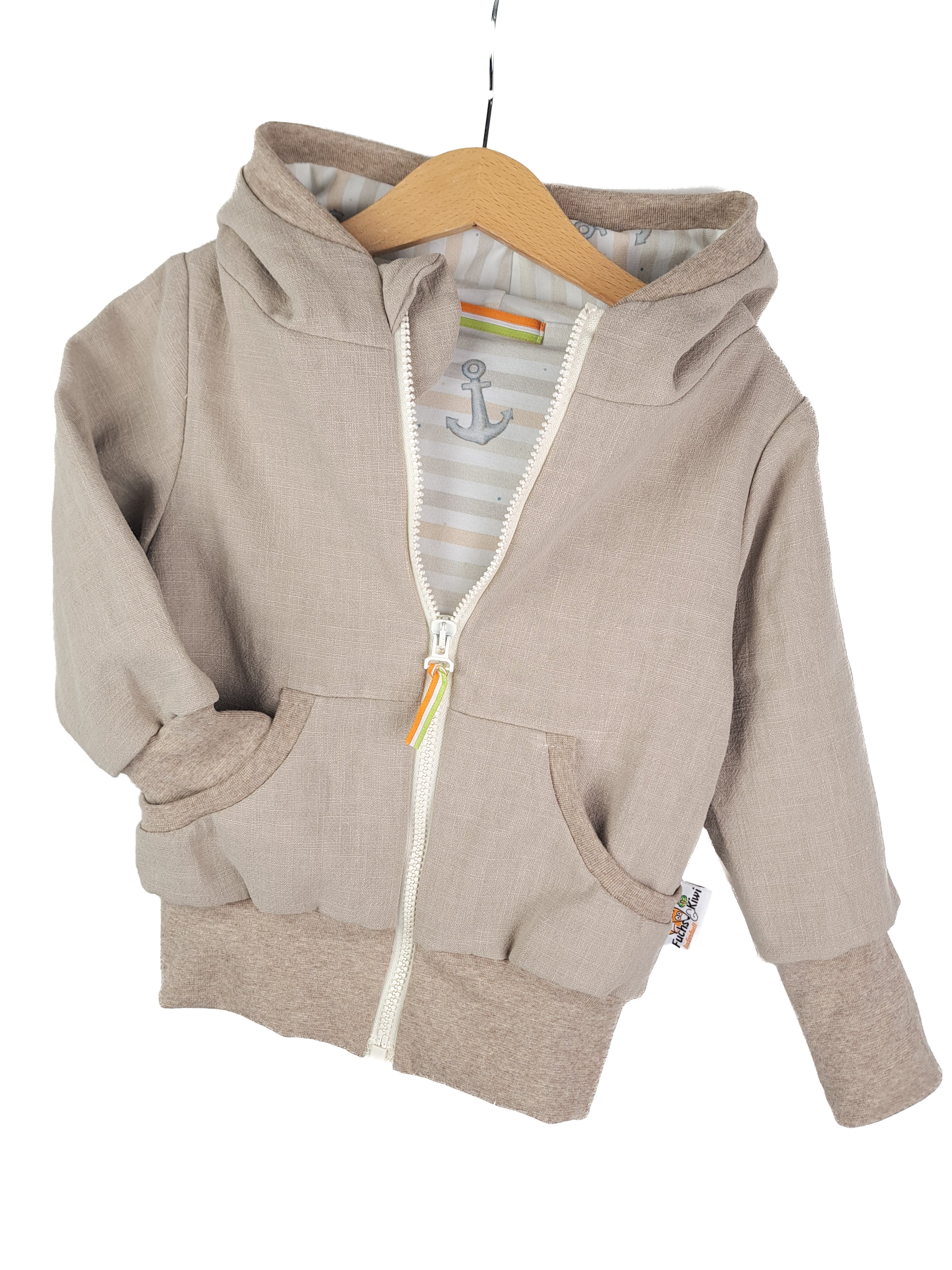 INDI+Sweatjacke Leinen sand mit Anker Streifen 122/128