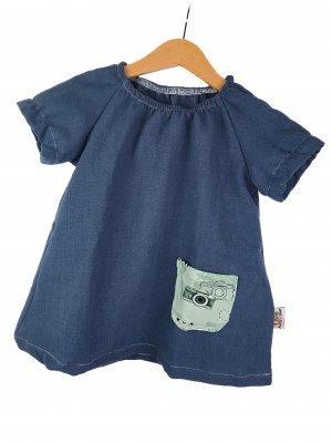 Individuell Kurzarmkleid Leinen blau mit little Explorer 86/92