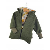 Walkjacke moosgrün meliert mit Waldtiere creme