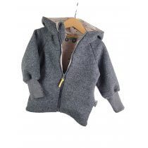 Walkjacke aus Merinowolle grau meliert mit Bauernhof sand